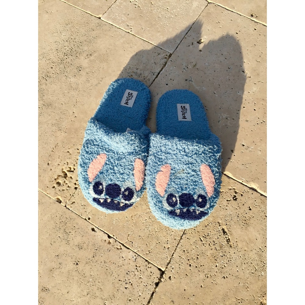Disney Lilo & Stitch Blue Fuzzy Plush Slippers M/L Sherpa Scuff House Shoes